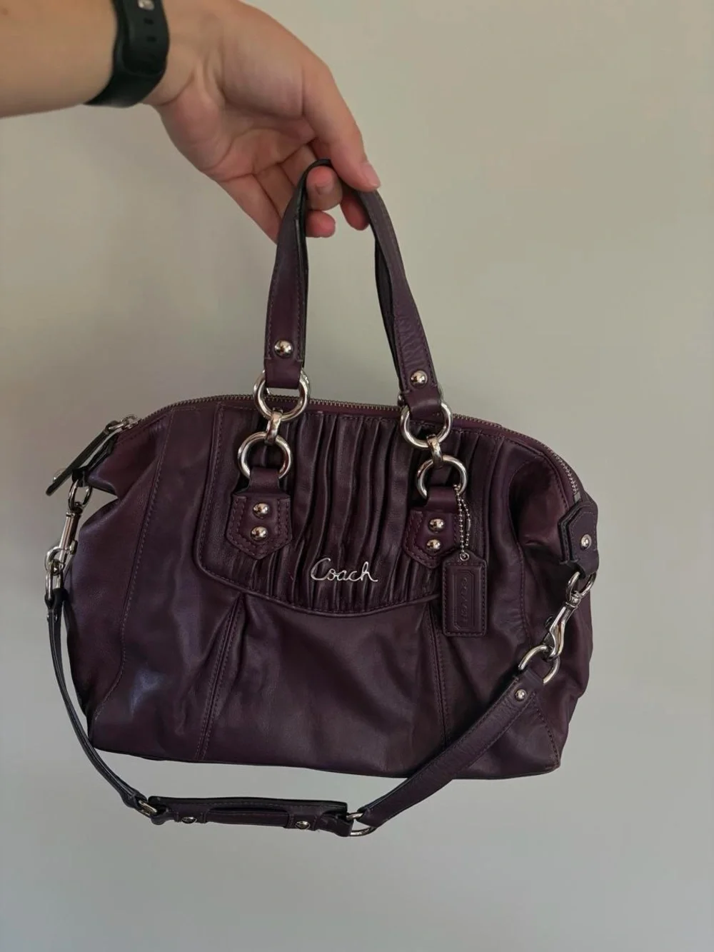 Coach Plum Leather Satchel with Silver Hardware